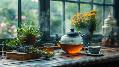 A rustic kitchen table with a cast iron teapot, a steaming cup of herbal tea, fresh herbs laid out, and a vintage book of herbal remedies, creating a nostalgic and peaceful atmosph
