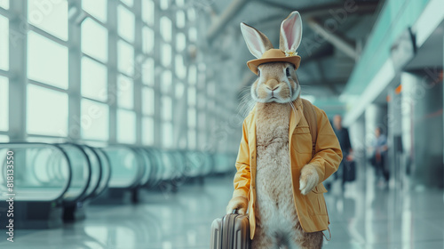 Easter bunny man traveling with suitcase on airport photo