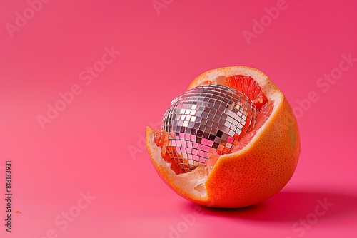 grapefruit with the skin torn off and disco ball inside, fuchsia pink solid color background