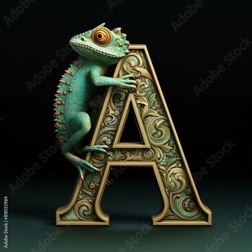 Font with chameleon. Letter A. 3D render.