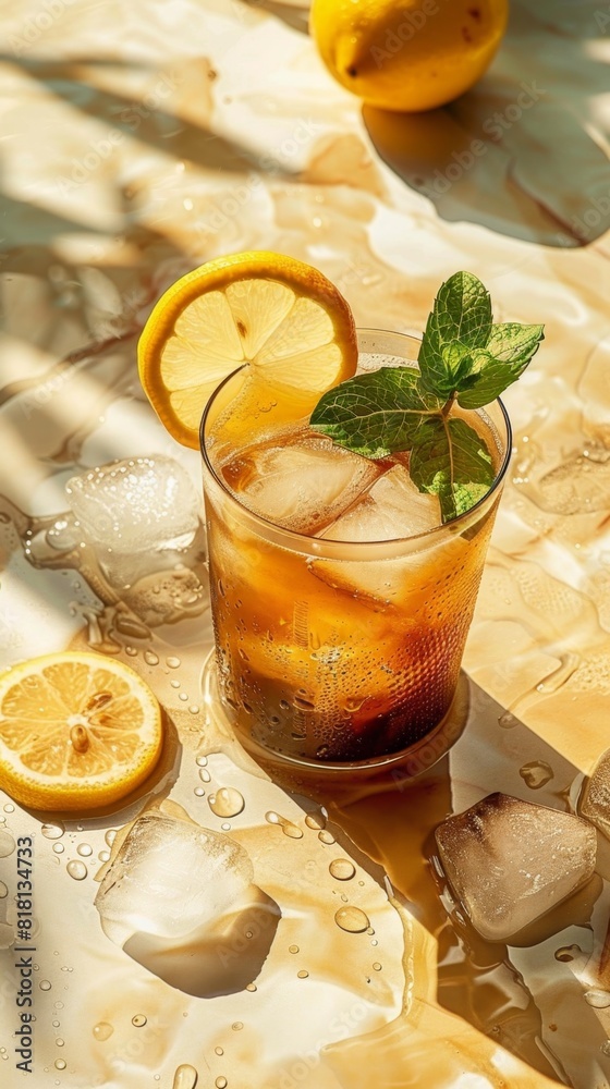 Fototapeta premium Glass of iced tea with lemon slices and mint