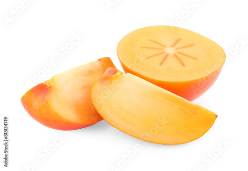 Pieces of fresh persimmon fruit isolated on white