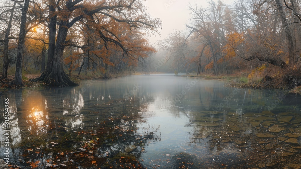 On a foggy morning, the panoramic view of Cibolo Creek is ethereal, with sunlight gradually breaking through the misty forest. On a foggy morning, the panoramic view of Cibolo Creek is ethereal, with sunlight gradually breaking through the misty forest.
