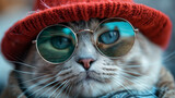 Cat wearing red hat and blue sunglasses, close-up portrait