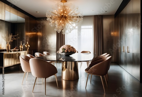 Modern Dining Table in big luxrious house with luxrious realistic lighting and matellic paint colour on walls without any picture photo