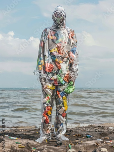 hombre vestido con traje de plÃ¡stico lucha crisis climÃ¡tica aislado, activismo cambio climÃ¡tico, photo