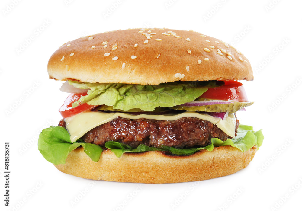 Burger with delicious patty isolated on white Burger with delicious patty isolated on white