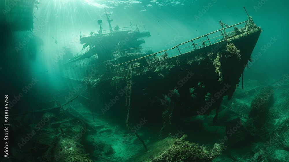A shipwreck is seen in the ocean with a greenish tint A shipwreck is seen in the ocean with a greenish tint
