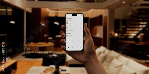 Hand holding a phone with a blank screen against a home interior