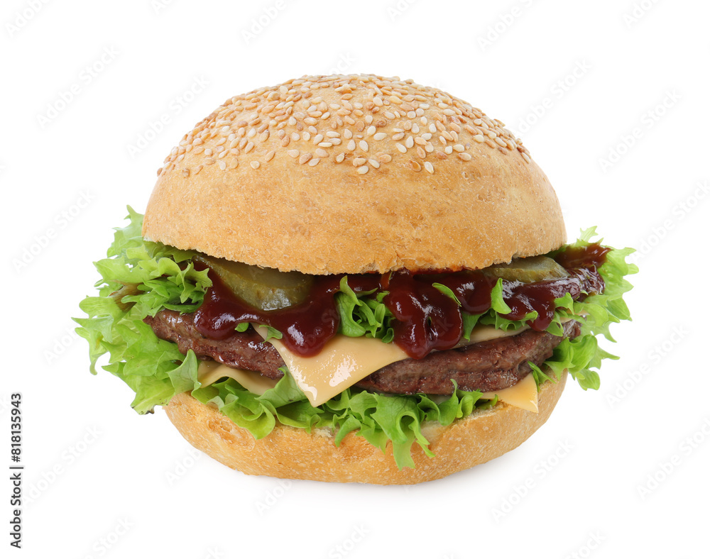 Delicious cheeseburger with lettuce, pickle, ketchup and patty isolated on white Delicious cheeseburger with lettuce, pickle, ketchup and patty isolated on white