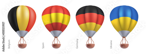 Hot air balloons with national flag of Germany, Spain, Belgium, Ukraine. Sky travel or ballooning festival in flying basket aerostat concept. Vector 3d render cartoon airship on white background.