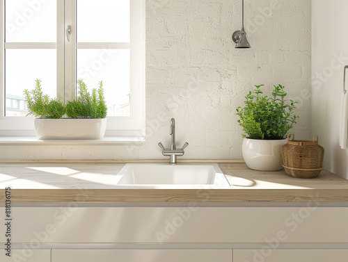 Sunlit rustic kitchen featuring a stylish white sink  vintage faucet  and fresh flowers by a window