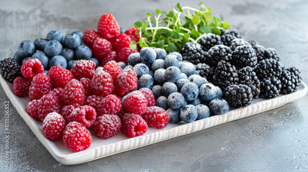 Plate of assorted fresh and frozen berries on a gray background Plate of assorted fresh and frozen berries on a gray background