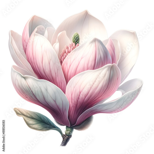 Eine detaillierte und realistische Illustration einer Magnolienblüte in voller Blüte. Die Blütenblätter sind eine zarte Mischung aus Weiß und weichem Rosa, mit subtilen Farbverläufen  photo