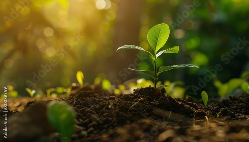 Showing financial developments and business growth with a growing tree on a coin. Planting seedling growing step in garden with sunshine. Concept of business growth  profit  Growth Financial