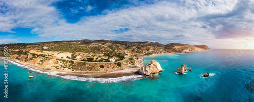 Petra tou Romiou (Aphrodite's Rock) the birthplace of Aphrodite, Paphos, Cyprus. Aerial view of Petra tou Romiou, aka Aphrodite's rock a famous tourist travel destination landmark in Paphos, Cyprus.