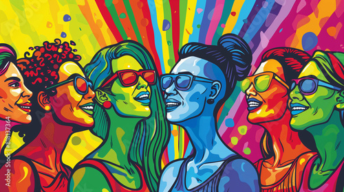 Pride day and the LGBTQ community are represented by a pop art design, sign, or pattern that celebrates their variety.