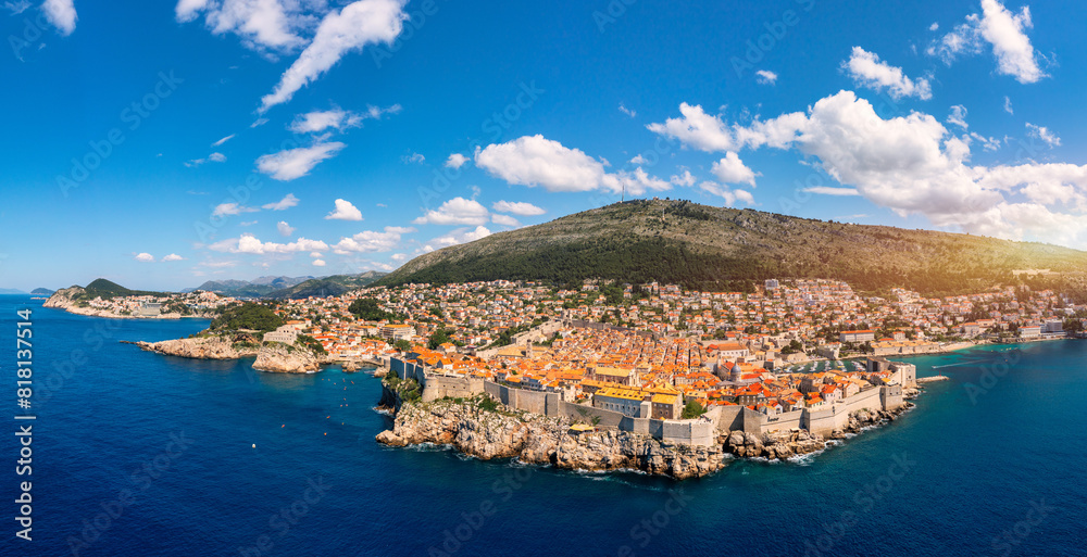 Obraz premium Dubrovnik a city in southern Croatia fronting the Adriatic Sea, Europe. Old city center of famous town Dubrovnik, Croatia. Picturesque view on Dubrovnik old town (medieval Ragusa) and Dalmatian Coast.
