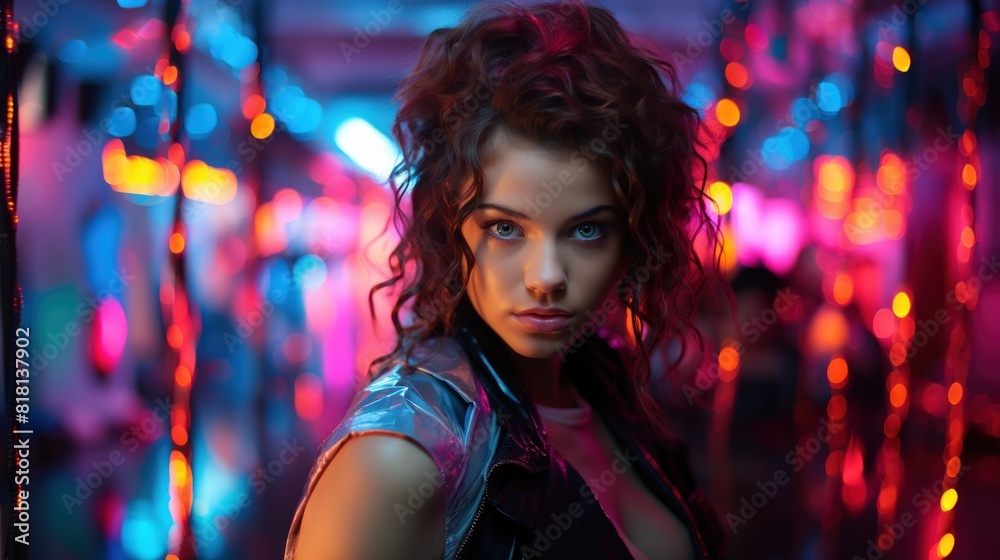Close-Up Portrait of Woman in Neon Lights with Intense Gaze