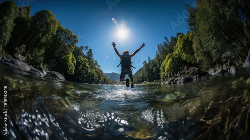 Adventurous Man Jumping Into River from Waterfall in Forested Area on a Sunny Day