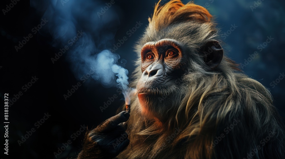Obraz premium Close-Up Portrait of a Mandrill Smoking in a Surreal Setting