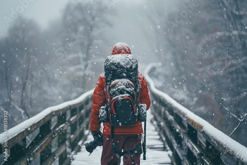 Traveler carrying a camera and backpack walking on a wooden trestle covered with snow photo