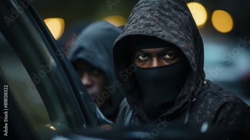 Mysterious Man in Black Wearing Balaclava and Hoodie at Night