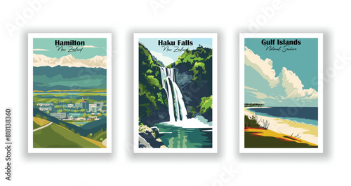 Gulf Islands National Seashore, Haku Falls, New Zealand, Hamilton, New Zealand - Set of 3 Vintage Travel Posters. Vector illustration. High Quality Prints