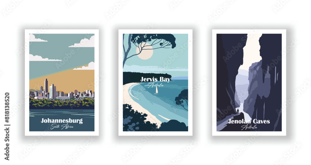 Fototapeta premium Jenolan Caves, Australia, Jervis Bay, Australia, Johannesburg, South Africa - Set of 3 Vintage Travel Posters. Vector illustration. High Quality Prints