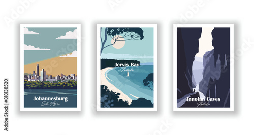 Jenolan Caves, Australia, Jervis Bay, Australia, Johannesburg, South Africa - Set of 3 Vintage Travel Posters. Vector illustration. High Quality Prints photo