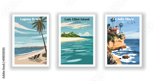 La Jolla Shore, California, Lady Elliot Island, Australia. Laguna Beach, California - Set of 3 Vintage Travel Posters. Vector illustration. High Quality Prints