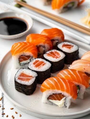 presentaciÃ³n cenital de sushi, comida asiÃ¡tica aislada, sushi fondo blanco, restaurante de lujo comida japonesa.