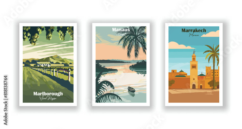 Manaus, Brazil, Marlborough, Wine Region, Marrakech, Morocco - Set of 3 Vintage Travel Posters. Vector illustration. High Quality Prints