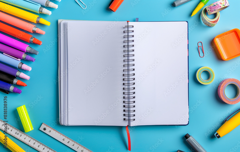 a notebook with blank pages and school accessories scattered around it a notebook with blank pages and school accessories scattered around it