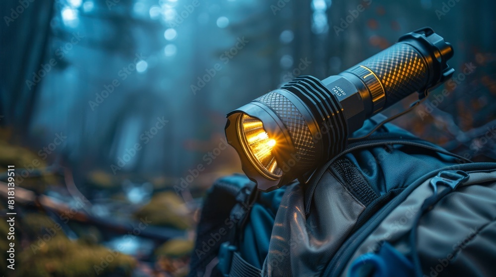 A small flashlight is sitting on a leather seat A small flashlight is sitting on a leather seat