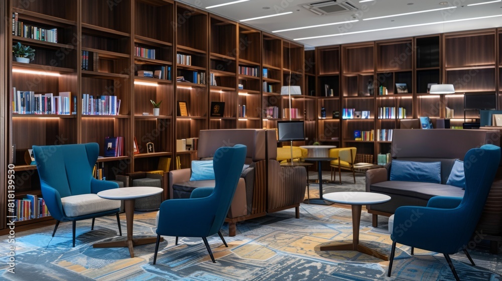 A contemporary library featuring blue chairs neatly arranged alongside bookshelves filled with various books.