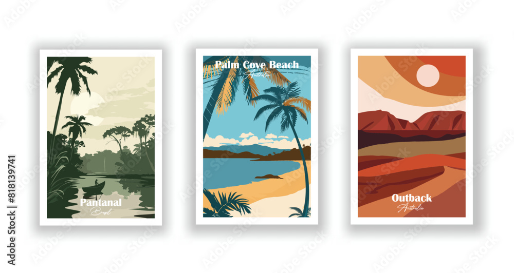 custom made wallpaper toronto digitalOutback, Australia, Palm Cove Beach, Australia, Pantanal, Brazil - Set of 3 Vintage Travel Posters. Vector illustration. High Quality Prints