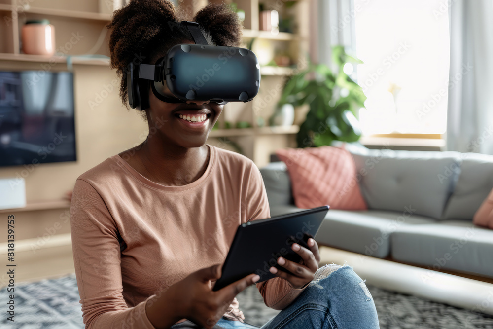 A Black woman, wearing a headset, is seen smiling while operating a tablet in her living room, showcasing her technological savvy and comfort in the digital environment. A Black woman, wearing a headset, is seen smiling while operating a tablet in her living room, showcasing her technological savvy and comfort in the digital environment.