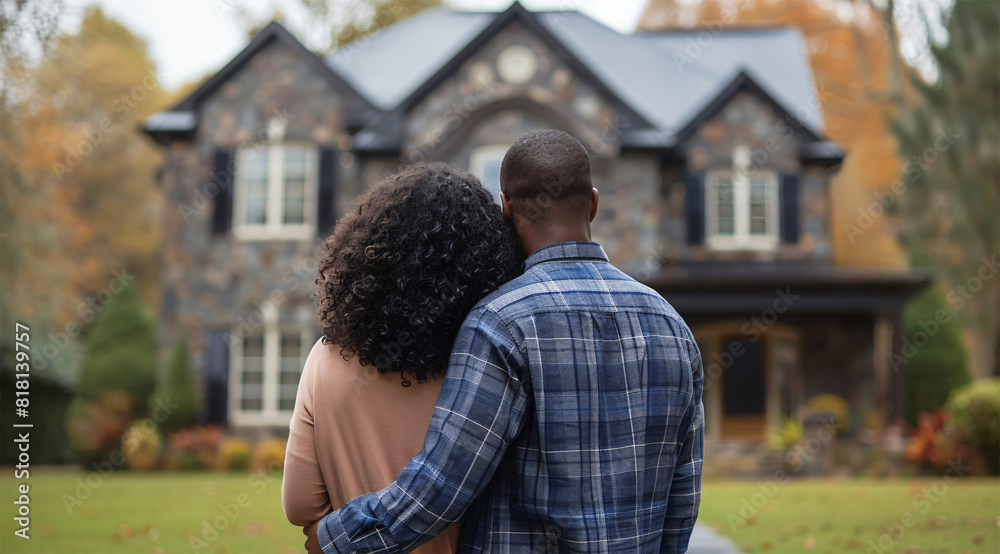 Rear view of a joyful African-American couple embracing as they admire their newly purchased home, symbolizing the achievement of property ownership. Rear view of a joyful African-American couple embracing as they admire their newly purchased home, symbolizing the achievement of property ownership.