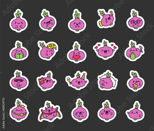 Cute kawaii onion. Sticker Bookmark. Funny cartoon character. Hand drawn style. Vector drawing. Collection of design elements.