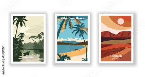 Outback, Australia, Palm Cove Beach, Australia, Pantanal, Brazil - Set of 3 Vintage Travel Posters. Vector illustration. High Quality Prints