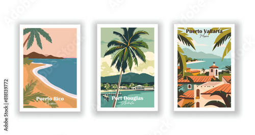 Port Douglas, Australia, Puerto Rico, Caribbean, Puerto Vallarta, Mexico - Set of 3 Vintage Travel Posters. Vector illustration. High Quality Prints