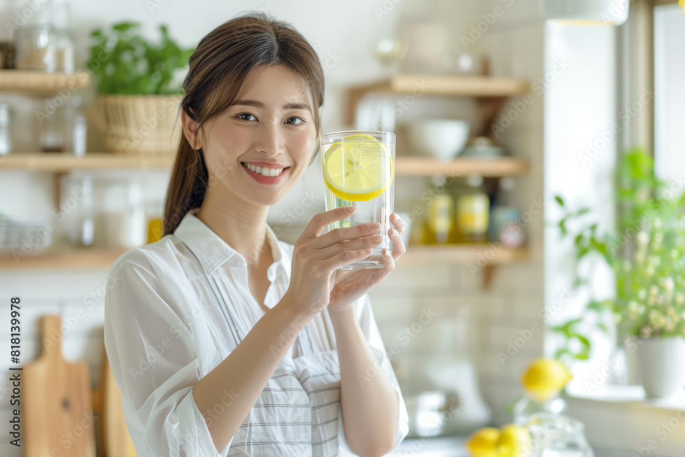 A content Japanese woman holds a glass of pure water with lemon in her kitchen, advocating for the healthy habit of monitoring hydration and water balance for a better lifestyle. Selective focus. A content Japanese woman holds a glass of pure water with lemon in her kitchen, advocating for the healthy habit of monitoring hydration and water balance for a better lifestyle. Selective focus.