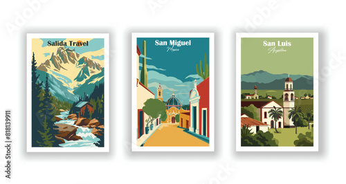 Salida Travel, Colorado, San Luis, Argentina, San Miguel, Mexico - Set of 3 Vintage Travel Posters. Vector illustration. High Quality Prints