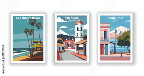 San Onofre Beach, California, San Rafael, Argentina, Santa Cruz, Argentina - Set of 3 Vintage Travel Posters. Vector illustration. High Quality Prints