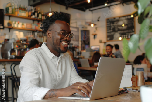 A cheerful Black man typing on his laptop in a bustling coffee shop, symbolizing the flexibility and inclusivity of remote work.