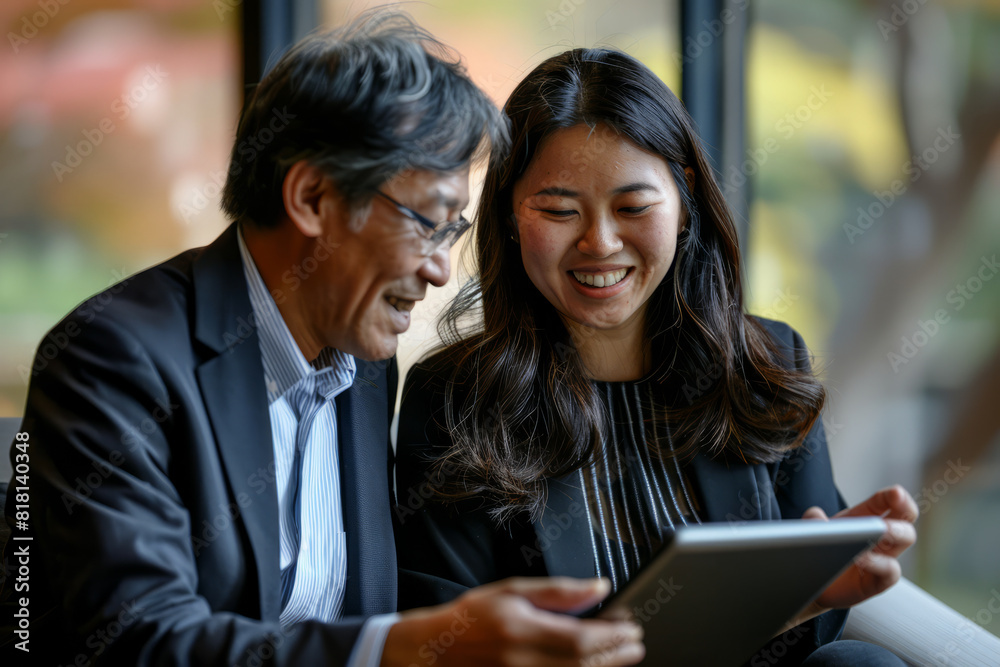A happy business duo consisting of an Indian woman and a Japanese man, actively working with a digital tablet to discuss financial market data during a corporate office meeting.