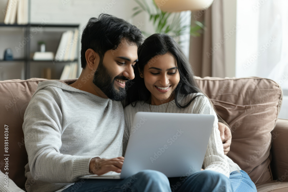 A happy Indian middle-aged couple is using a laptop together while relaxing on the couch at home. The smiling mature man and woman focus on the computer screen, watching a video, browsing, or shopping A happy Indian middle-aged couple is using a laptop together while relaxing on the couch at home. The smiling mature man and woman focus on the computer screen, watching a video, browsing, or shopping