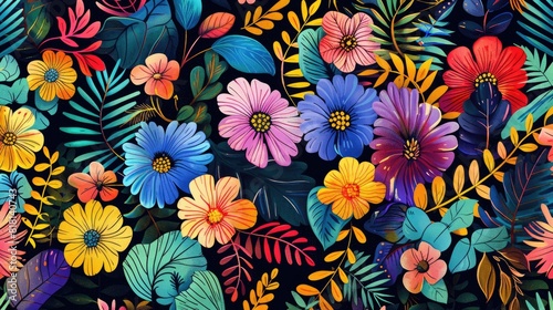 florals and leaves pattern with vivid colorful 