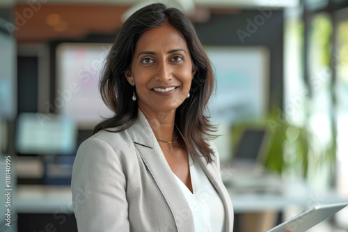 A smiling Indian mature businesswoman executive, a content 40-year-old company HR, confidently holds a digital tablet and looks at the camera while standing in her office at work. Portrait.